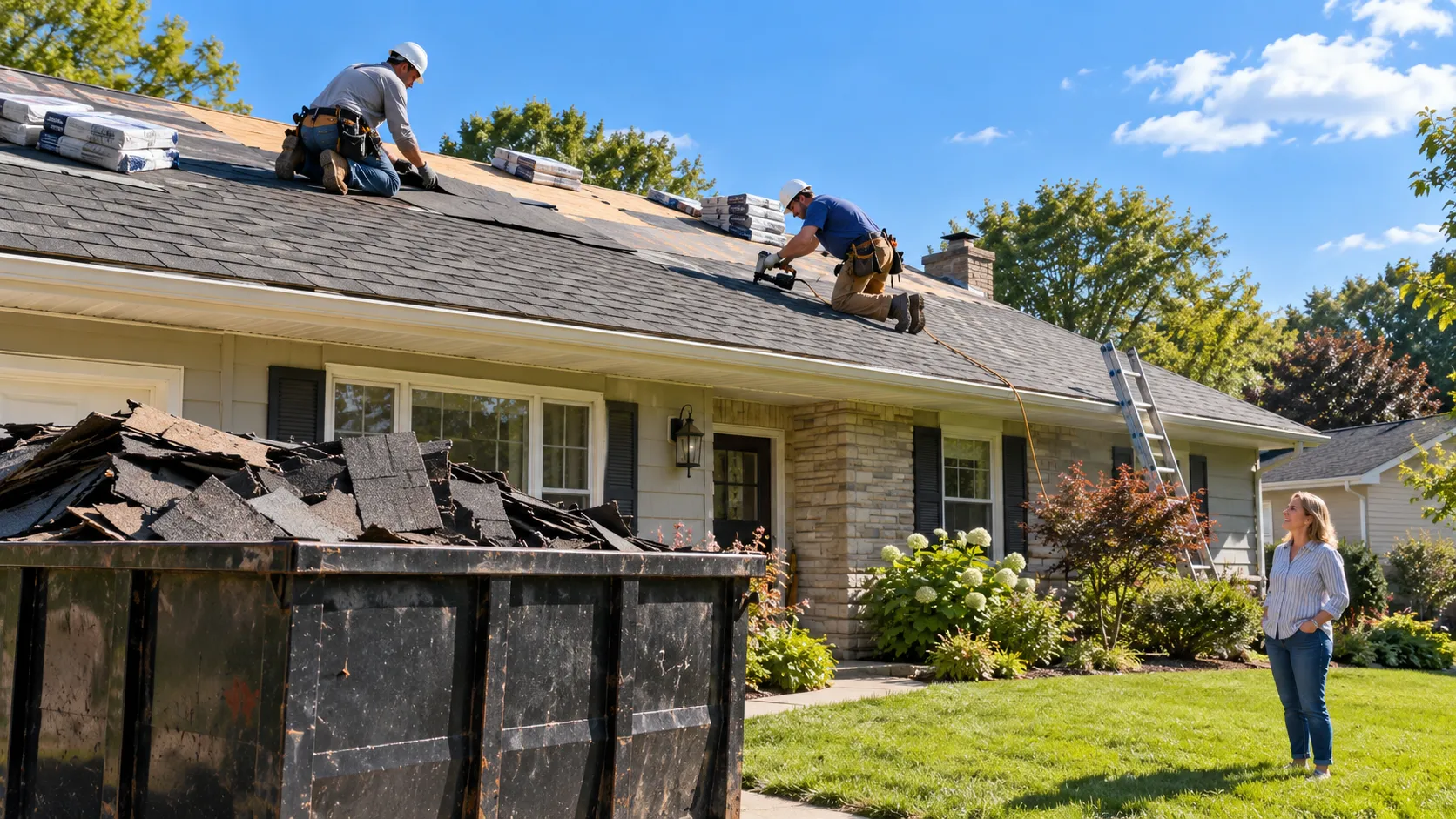 A local roofing provider replacing shingles on a ranch-style home in De Soto on a clear day